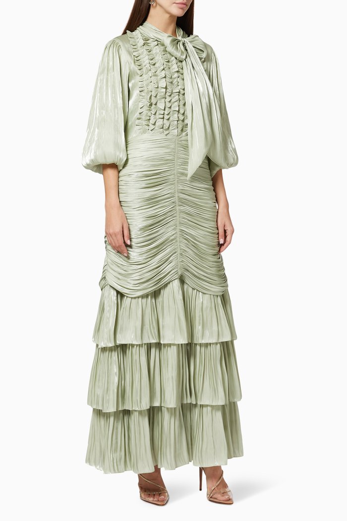

Tiered Ruched Dress in Satin, Green