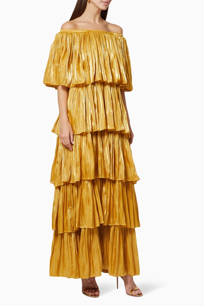 

Tiered Dress in Plisse Satin, Gold