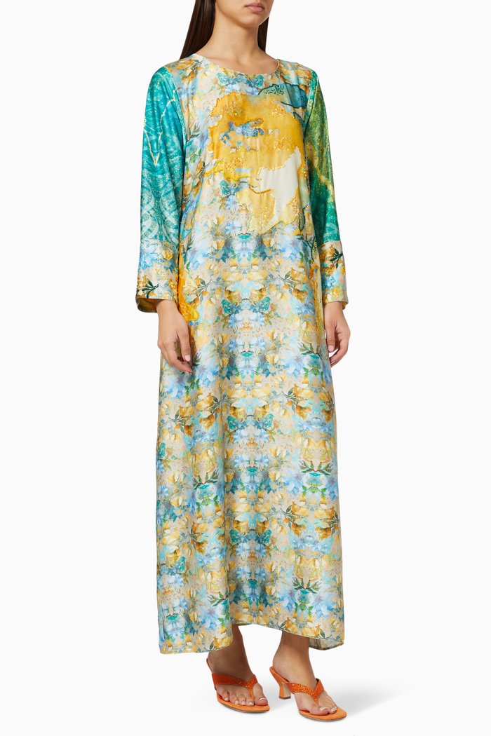 Hand Embellished Kaftan in Silk, Multicolour