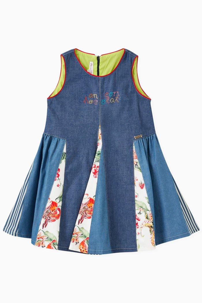 Florence Patchwork Dress in Cotton, Blue