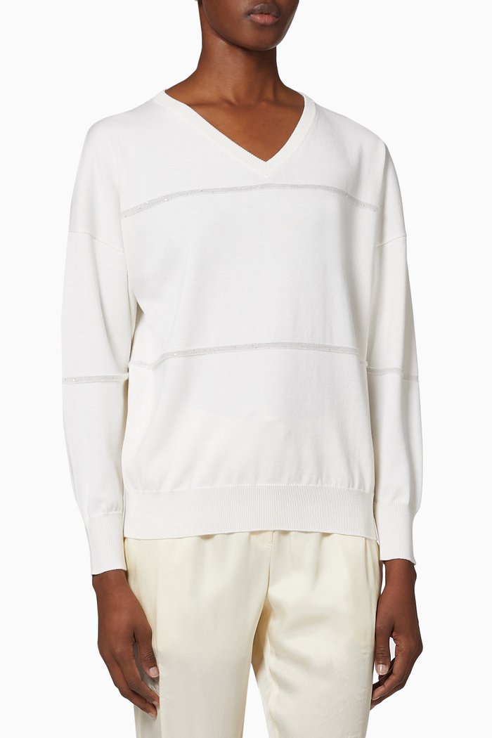 

V Neck Sweater in Cotton & Cashmere Knit, White