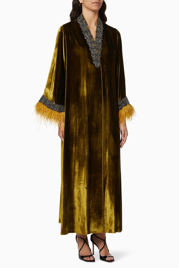 Crystal Embellished Abaya in Velvet, Green