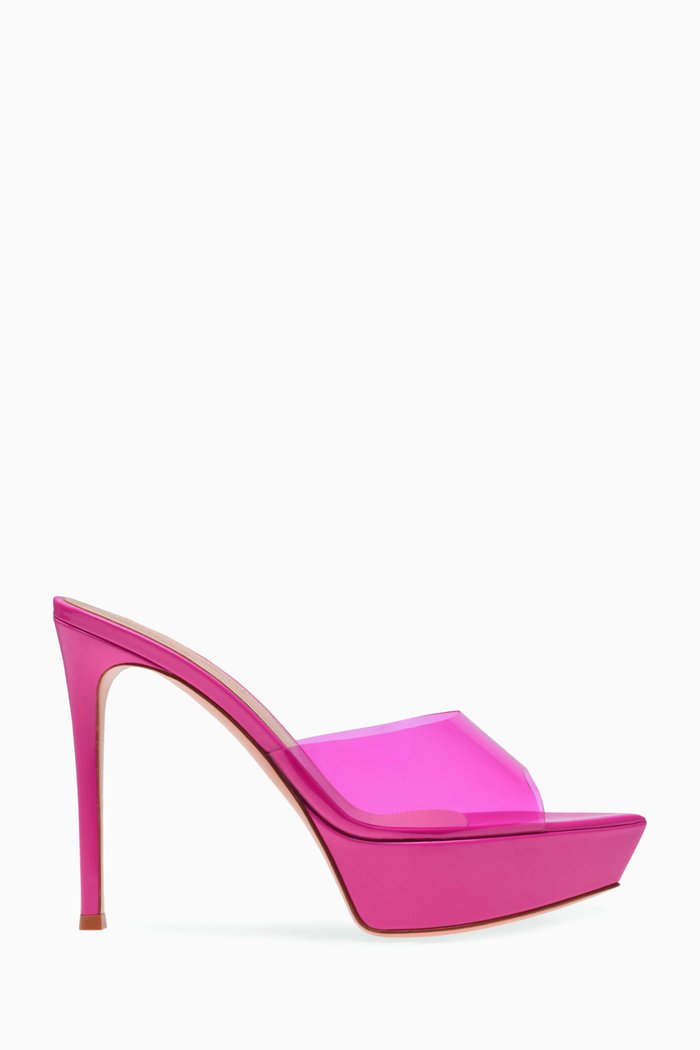 

Betty Mules in Plexi & Leather, Pink