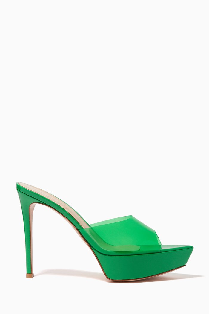 

Betty Mules in Plexi & Leather, Green