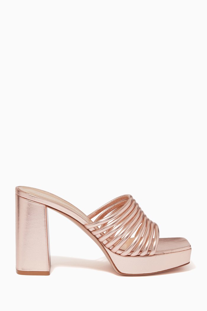 

Lena Mule Heel Sandals in Metallic Leather, Neutral