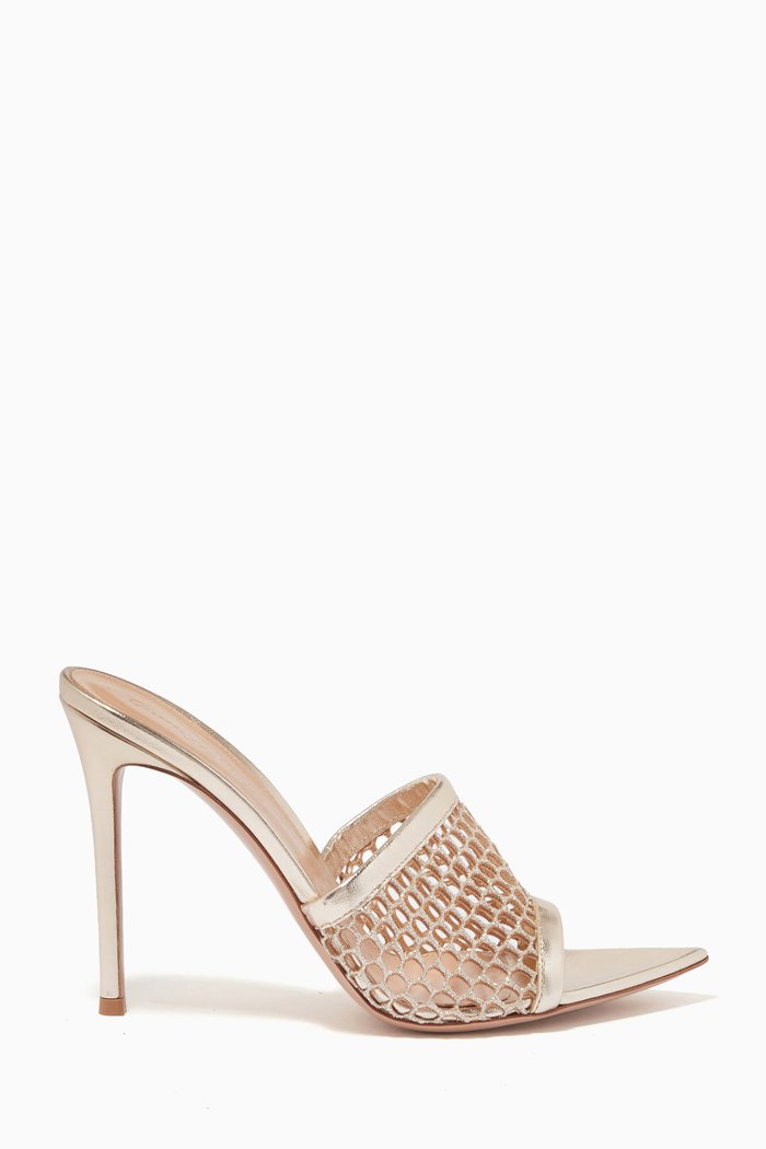 

Alisia 105 Mules in Silk Mesh & Metallic Leather, Gold