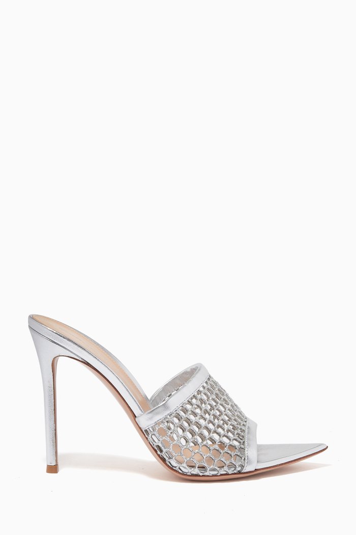 

Alisia 105 Mules in Silk Mesh & Metallic Leather, Silver