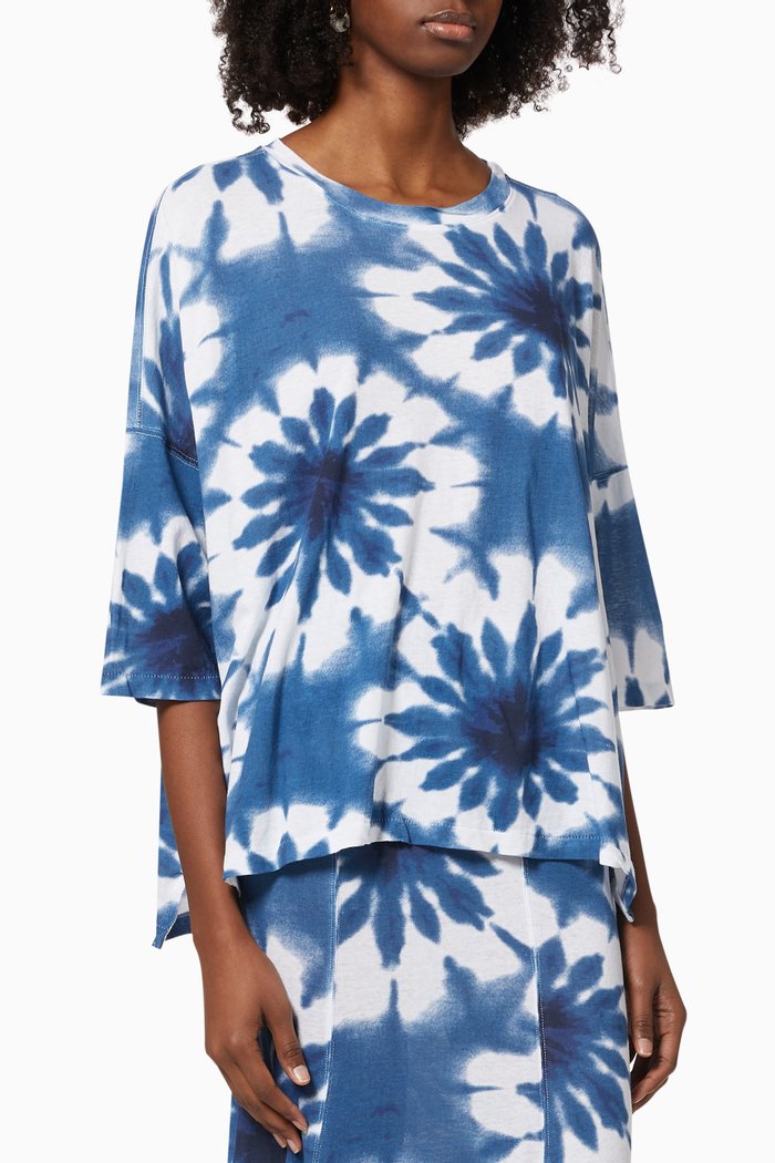 

Floral Print T-Shirt in Cotton Jersey, Blue