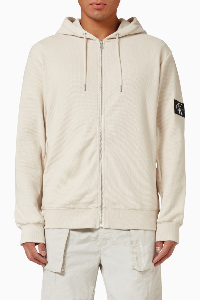 

Zip Up Hoodie in Waffle Cotton, Neutral