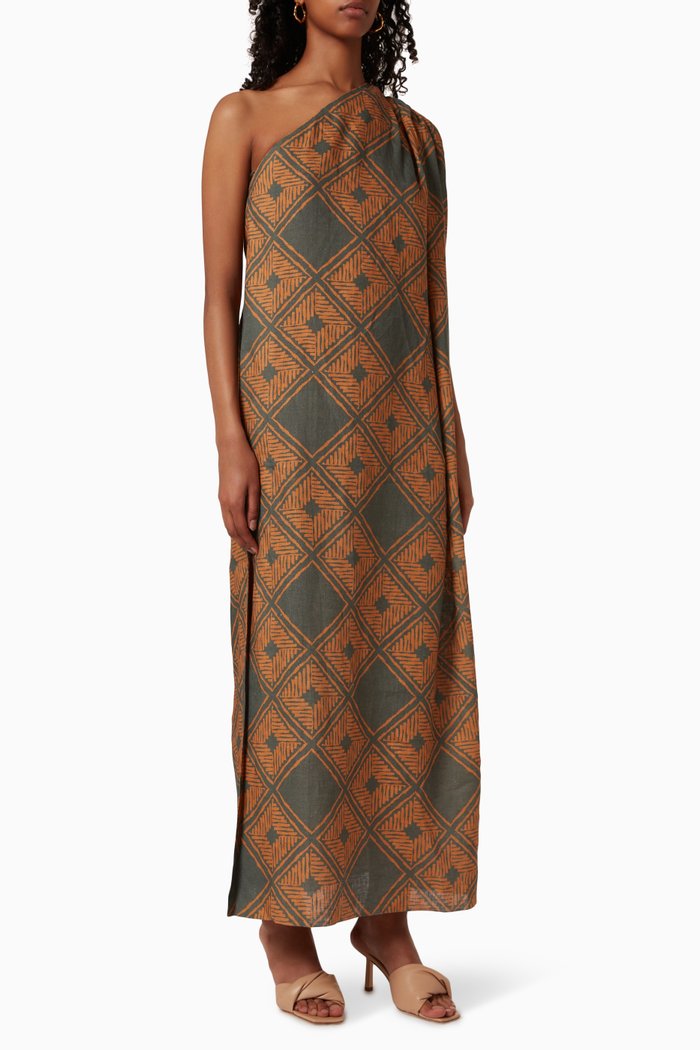 

Sofia Safari One Shoulder Dress in Linen, Green