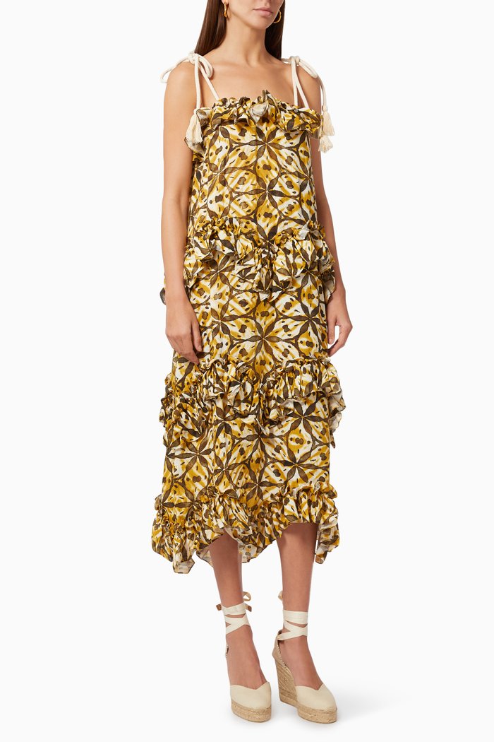 

Anais Ruffled Midi Dress in Linen, Gold