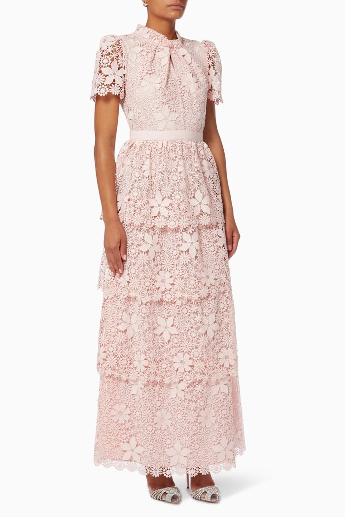 

Tiered Maxi Dress in Guipure Lace, Pink