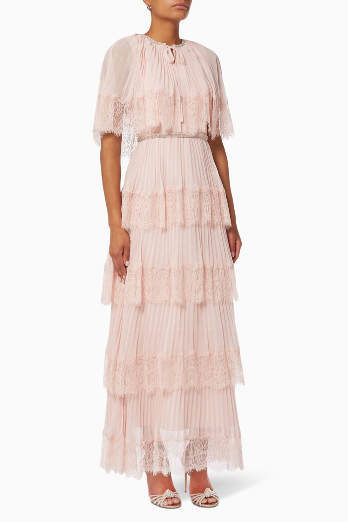 

Tiered Cape Maxi Dress in Chiffon, Pink