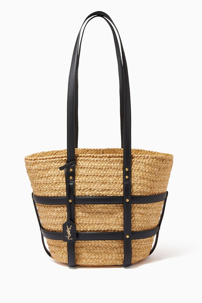 

Panier Medium Bag in Natural Raffia and Smooth Leather, White