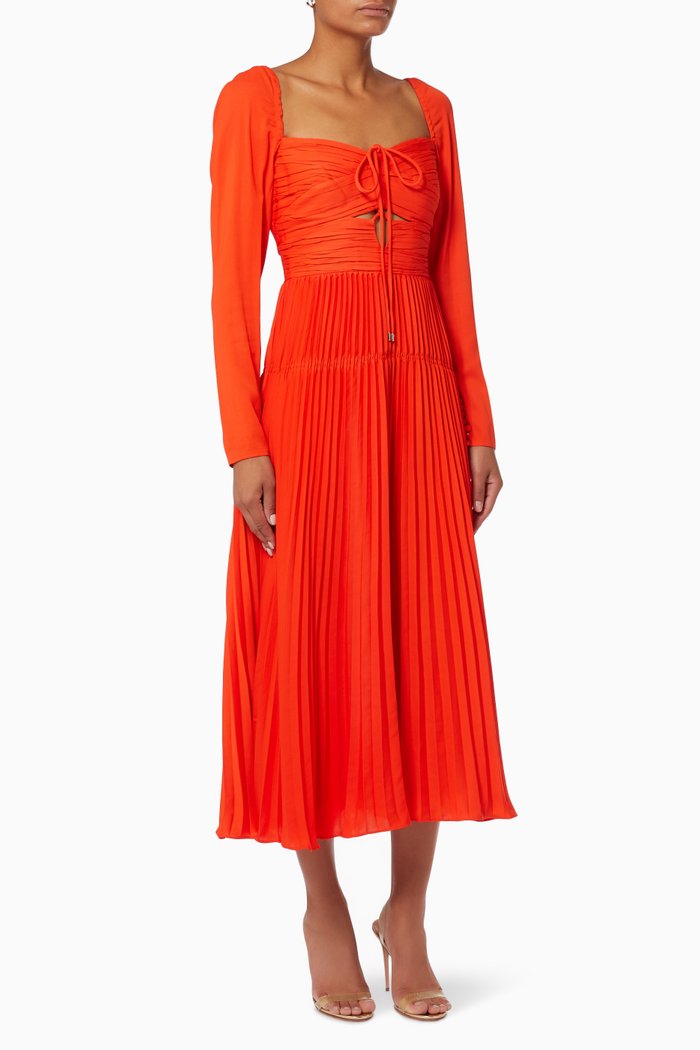 

Pleated Cut Out Midi Dress in Stretch Crepe, Red