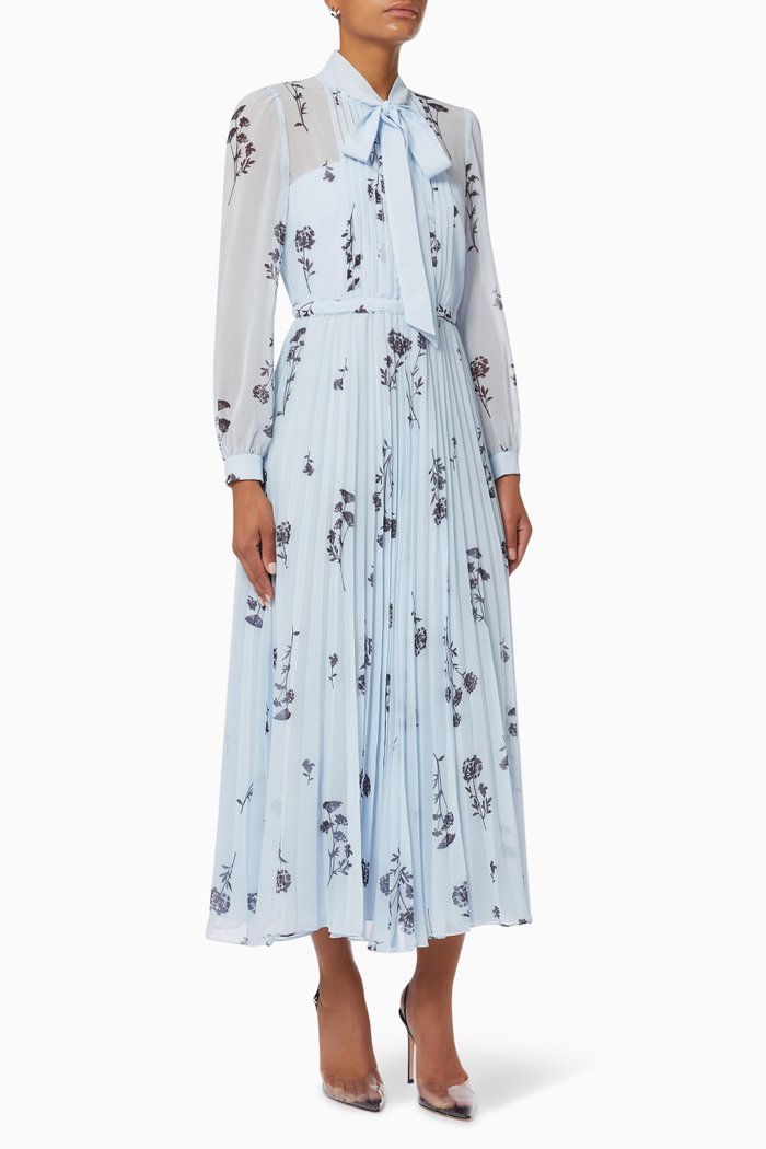 

Bow Tie Floral Midi Dress in Chiffon, Blue