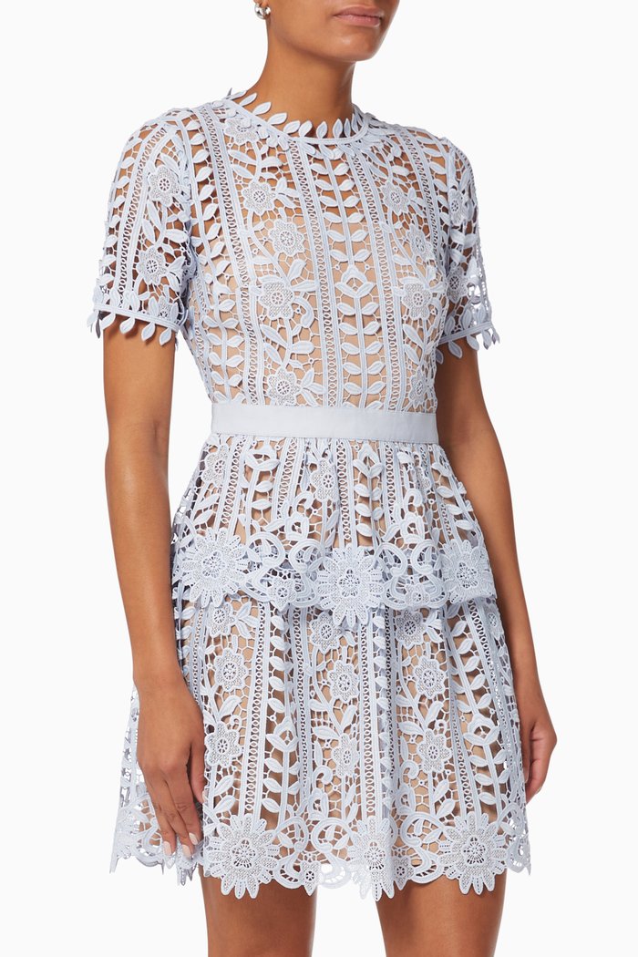 Peplum Waist Mini Dress in Guipure Lace, Blue