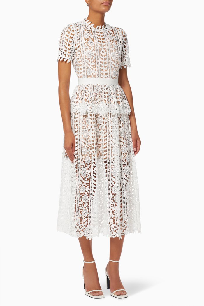 

Peplum Waist Midi Dress in Guipure Lace, White