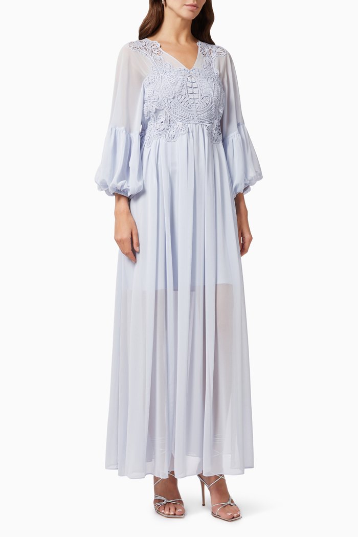 

Macrame Lace Maxi Dress in Chiffon, Blue