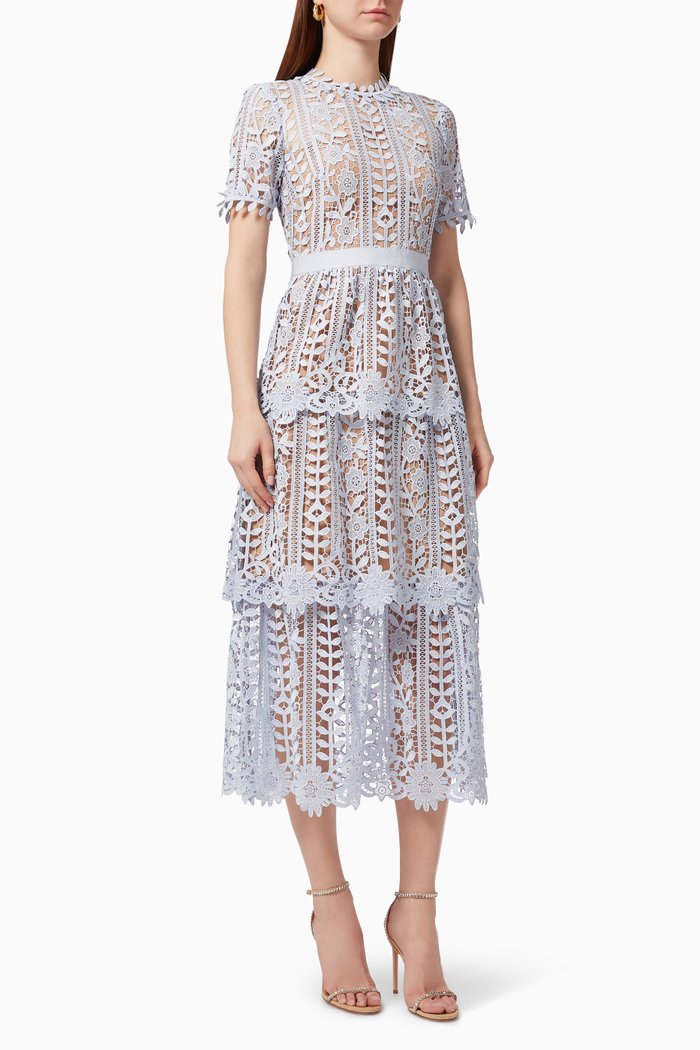 

Tiered Guipure Lace Midi Dress, Blue