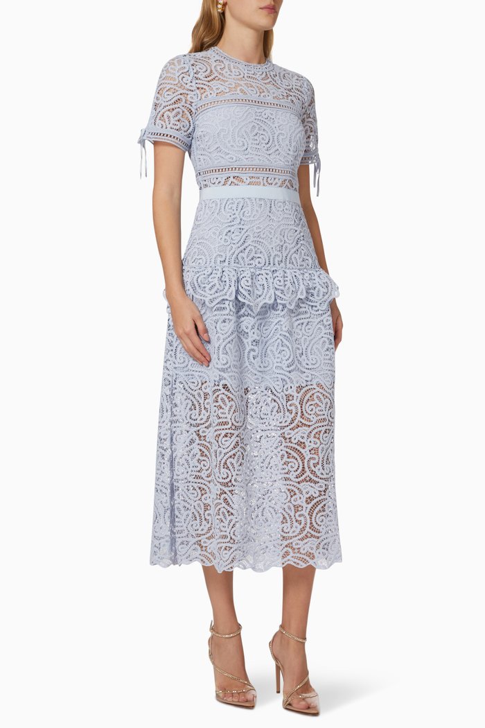 

Short Sleeve Midi Dress in Abstract Guipure, Blue