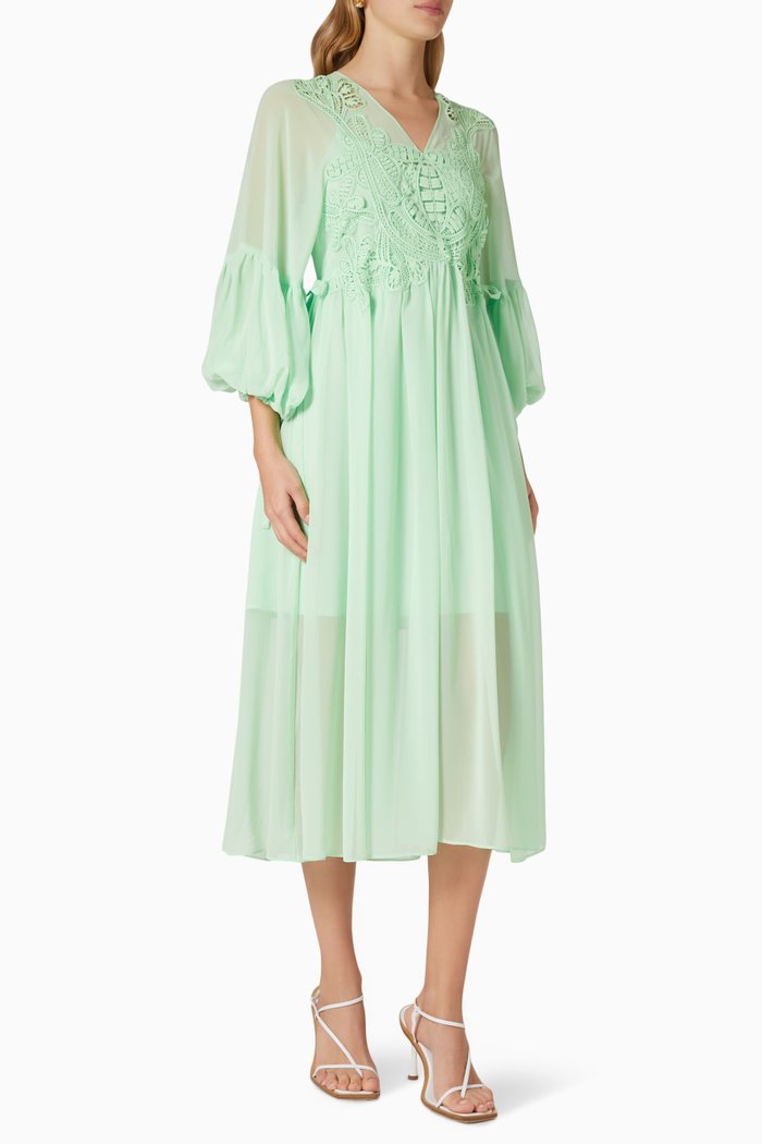 

Macrame Lace Midi Dress in Chiffon, Green