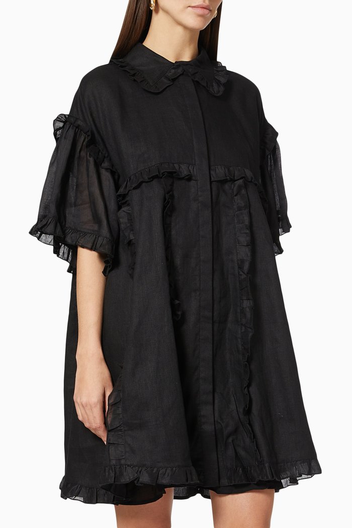 

Emily Smock Shirt Dress in Linen Ramie, Black