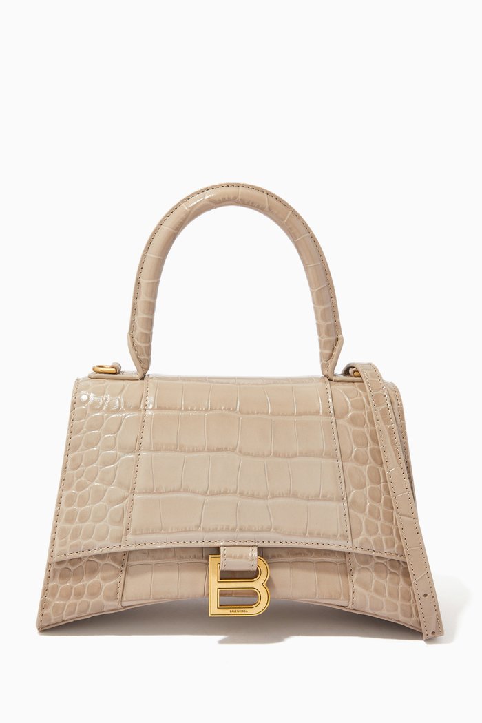 

Hourglass Small Top Handle Bag in Shiny Croc-embossed Calfskin, Neutral