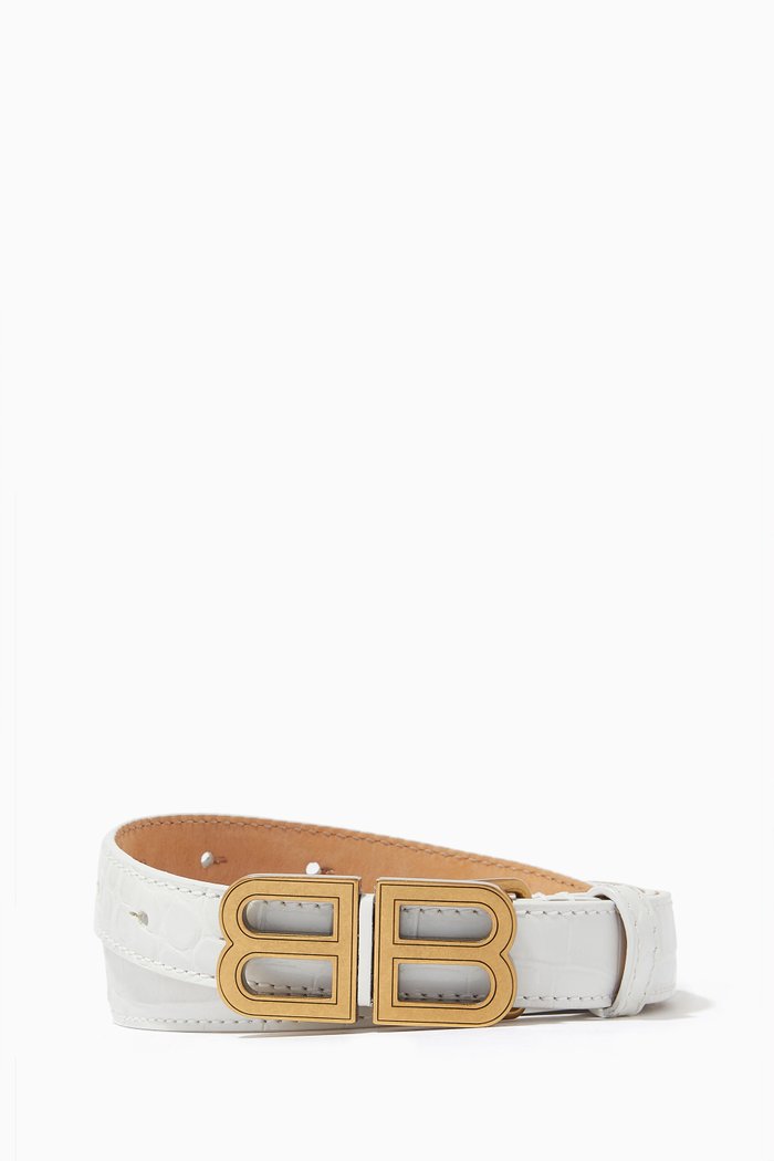 

BB Hourglass Thin Belt in Shiny Crocodile Embossed Calfskin, White