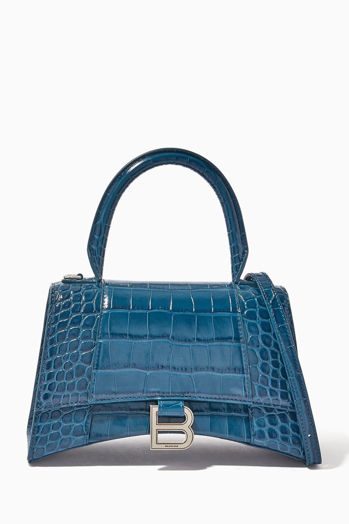 

Hourglass Small Top Handle Bag in Shiny Croc-embossed Calfskin, Blue
