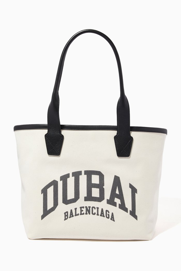 Cities Dubai Jumbo Small Tote Bag in Organic Cotton Canvas & Calfskin, Neutral