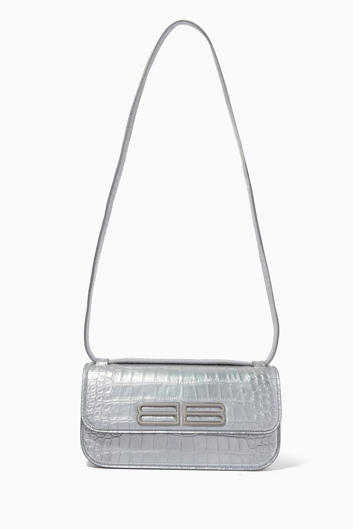

Gossip Small Shoulder Bag in Croc-embossed Leather, Silver