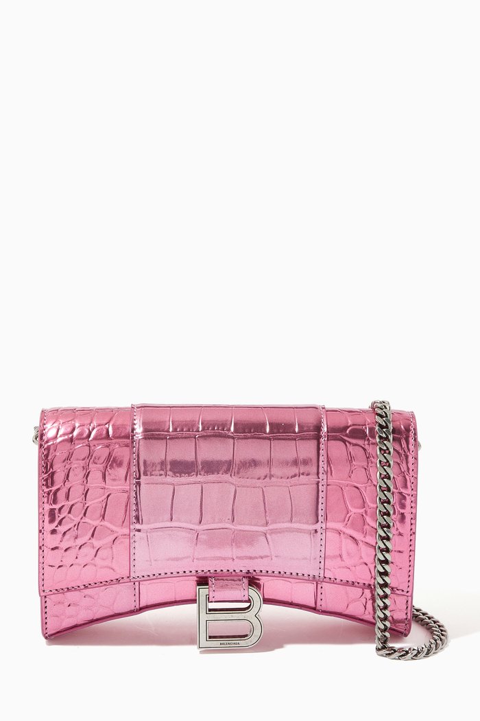

Hourglass Wallet on Chain in Metallic Crocodile Embossed Calfskin, Pink