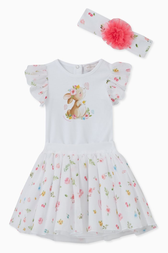 

Floral Pattern Dress Set in Cotton & Tulle, White
