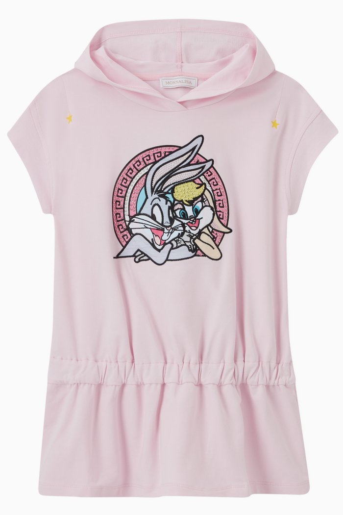 

Lola & Bugs Bunny Print Hooded Dress in Cotton, Pink