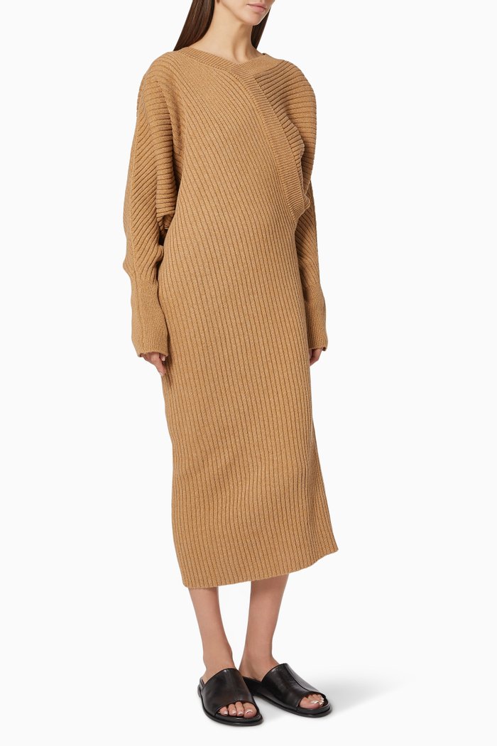 Unbalance Asymmetric Ribbed-Knit Dress, Brown