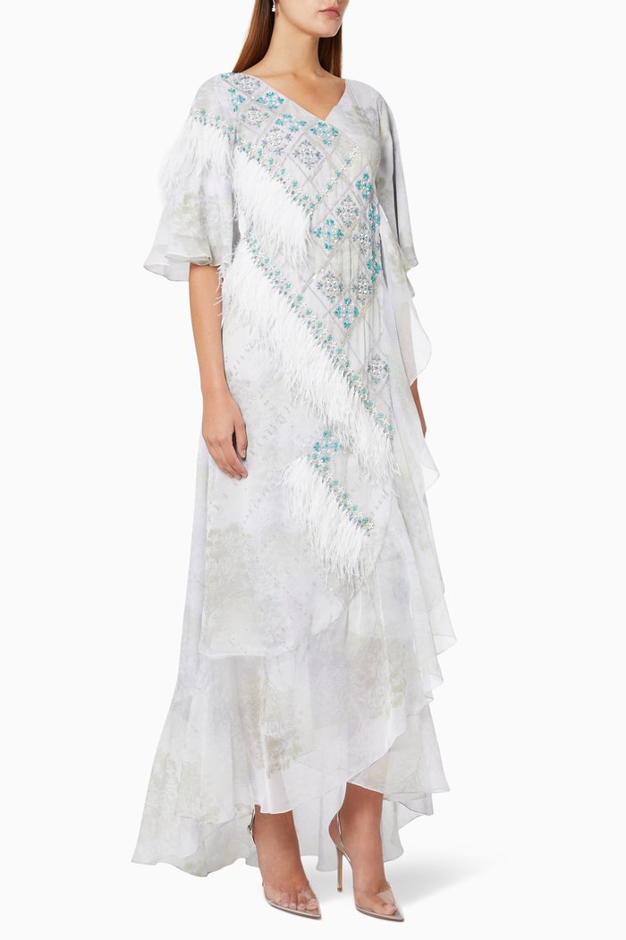 

Feather Embroidered Dress in Printed Chiffon, Blue