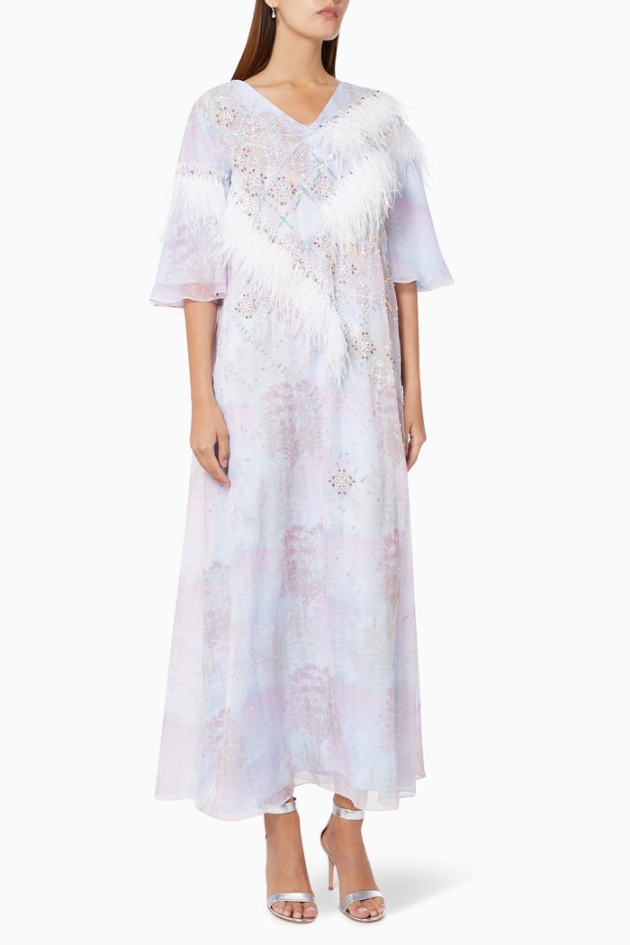 

Mosaic Embroidered Dress in Printed Chiffon, Blue