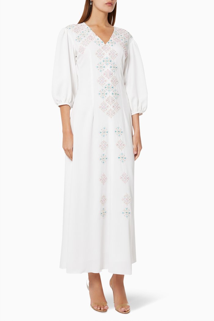 

Mosaic Embroidered Dress in Crepe, White