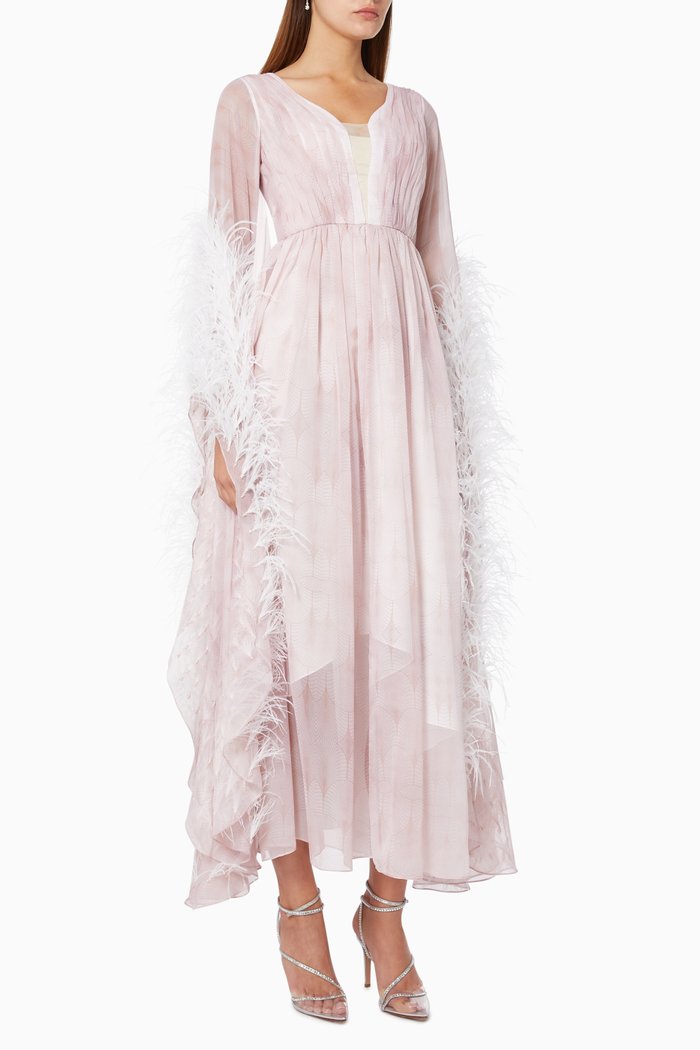 

Feather Embellished Cape in Printed Chiffon, Pink