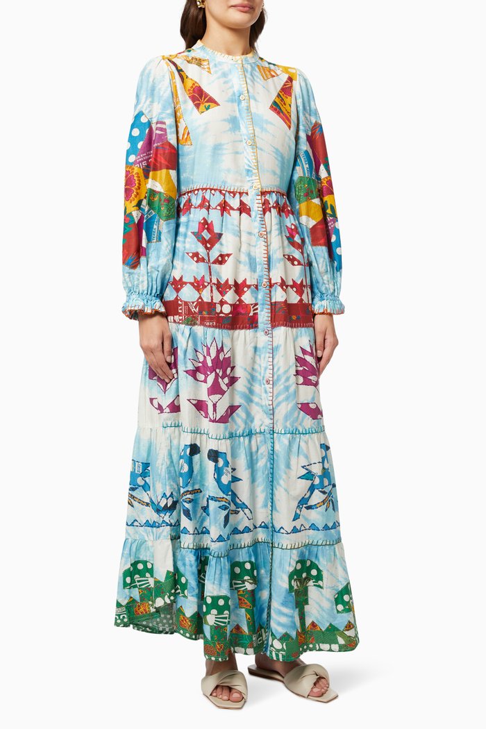 

Tie Dye Rainbow Patchwork Maxi Dress in Viscose, Blue