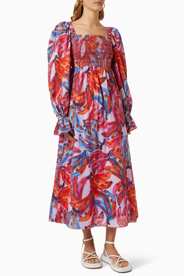 

Puff Sleeve Maxi Dress in Cotton, Multicolour