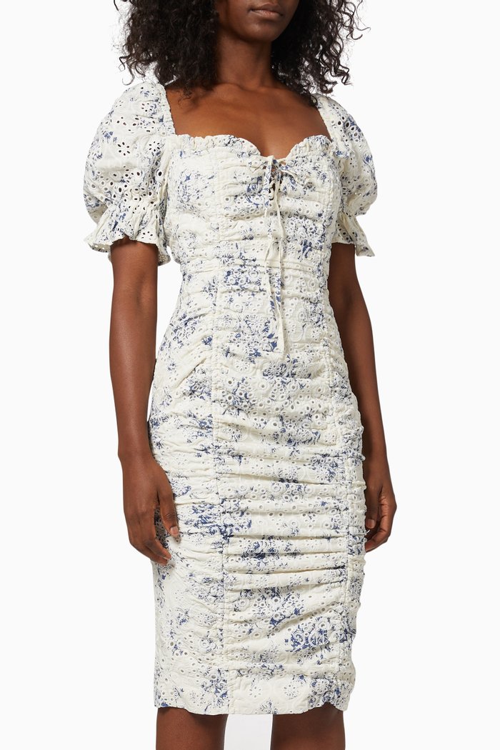 

Gathered Strappy Back Midi Dress in Broderie, White