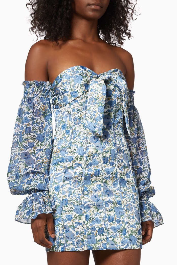 Balloon Sleeve Mini Dress in Chiffon & Satin, Blue