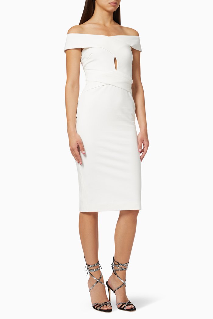 

Off Shoulder Wrap Ponte Dress in Rayon, White
