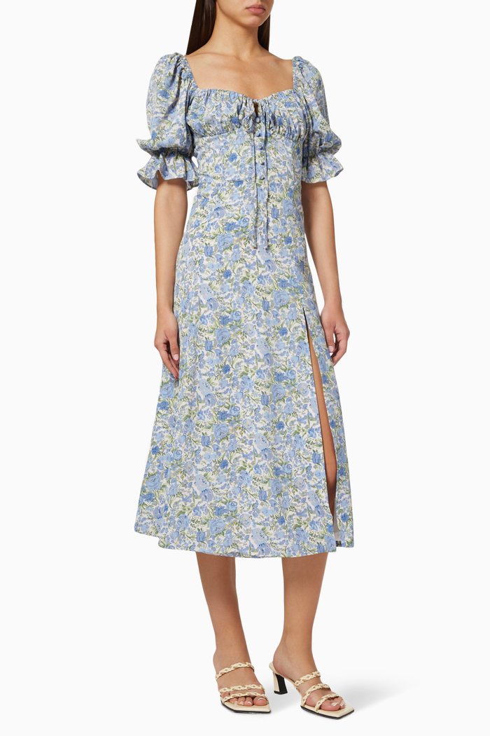 

Gathered Puff Sleeve Dress, Blue