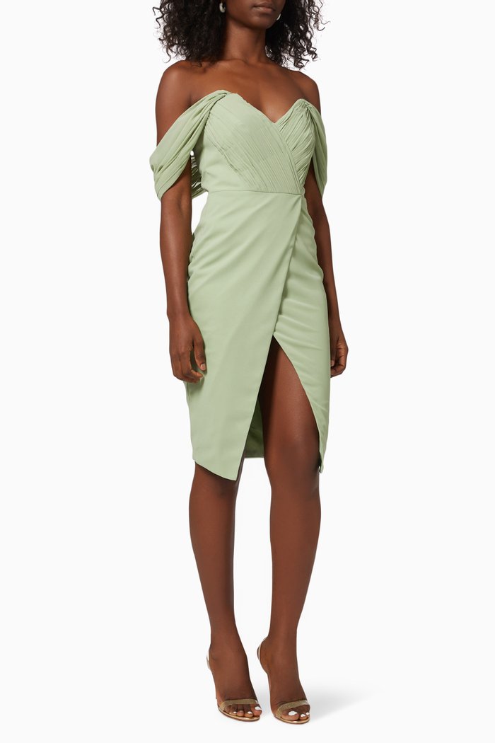 

Pleated Bardot Midi Dress, Green