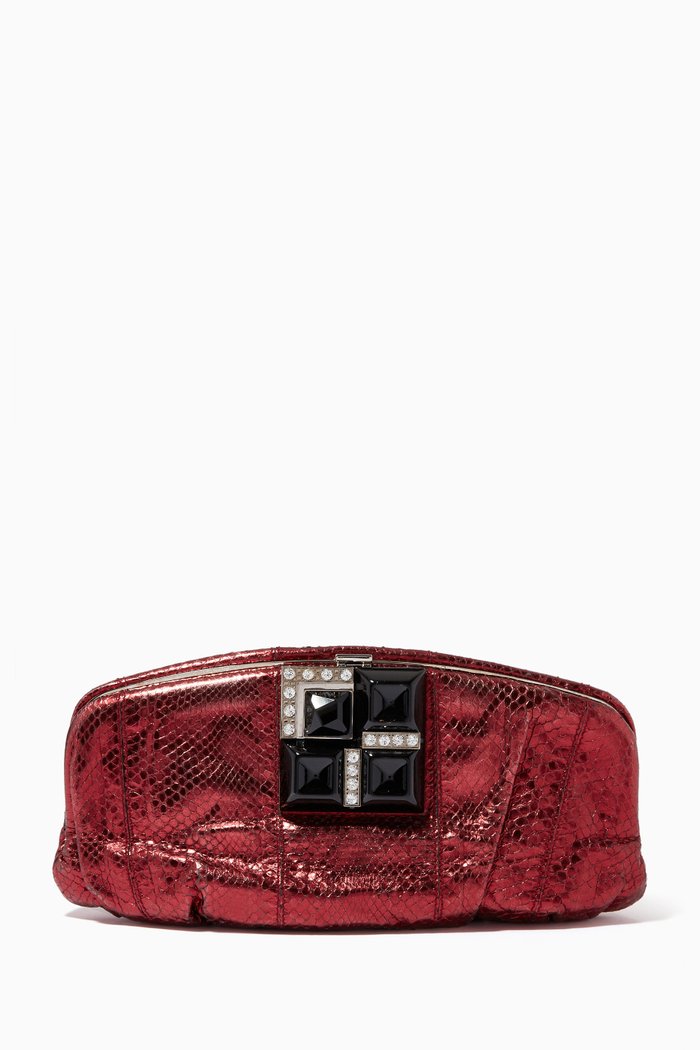 

Embellished Clutch in Python Leather, Red