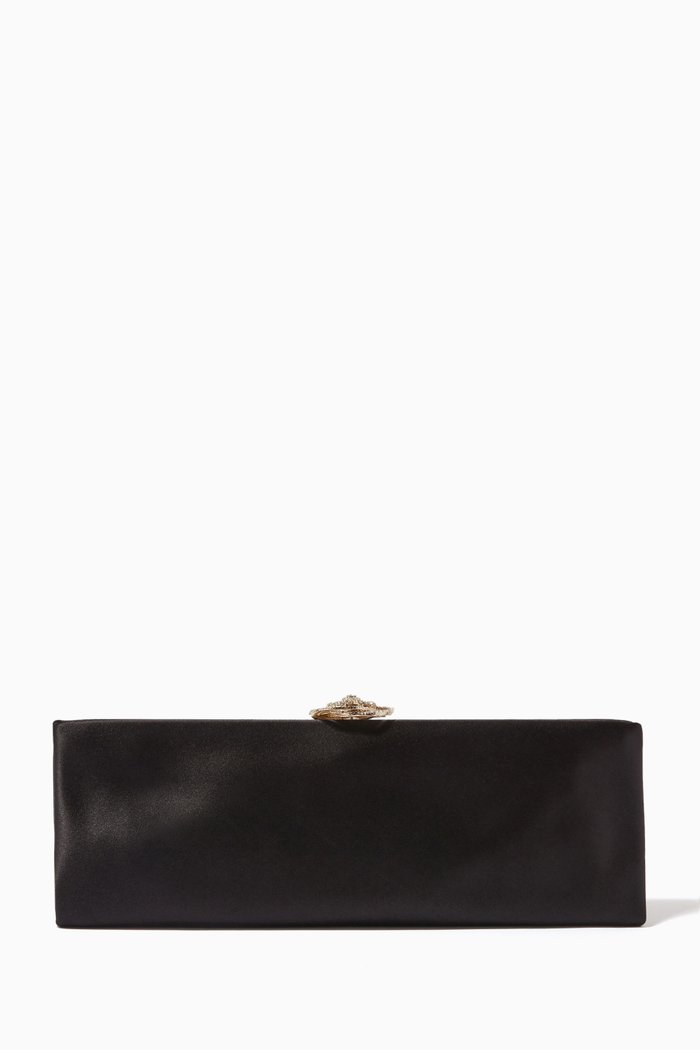 

Crystal Camellia Clutch in Satin, Black
