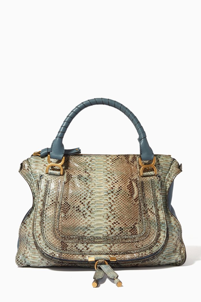 

Large Marcie Satchel Bag in Python Skin & Leather, Green